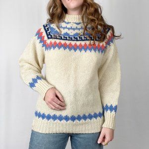 Vintage Fair Isle 100% Wool Hand Knit Oversized Chunky Crew Neck Nordic Sweater